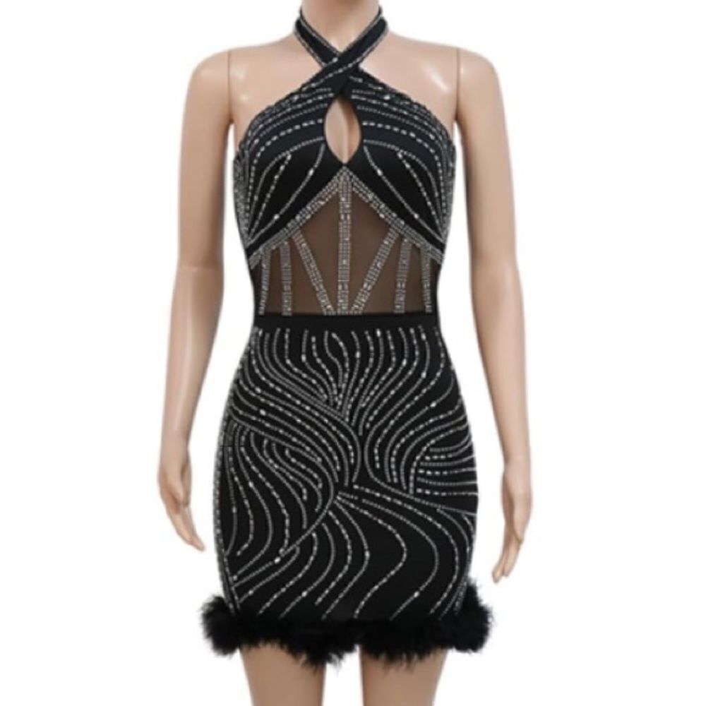 Black BodyCon Halter Neck Mini Party Dress Feather Hem Rhinestones Size M NEW - Picture 15 of 15